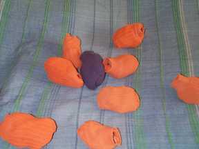 schwarzes Sockenpaar inmitten von vielen orangene Socken